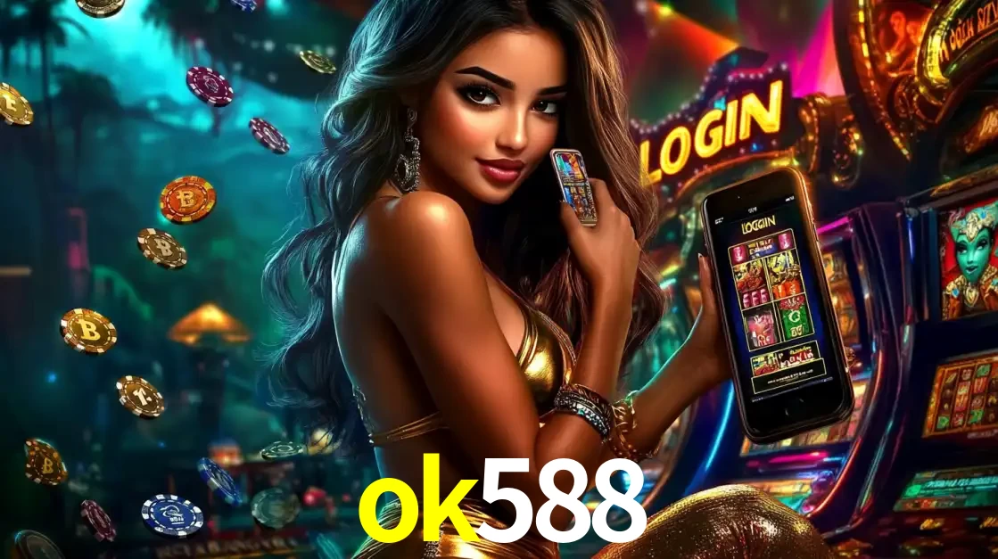 Mulher em um cenário de cassino temático de aventura, mostrando o app de caça-níqueis da ok588 no celular. Fichas de apostas flutuam ao redor.