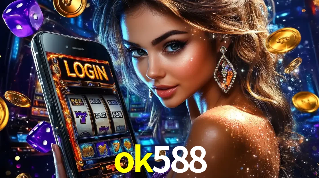 Mulher glamorosa segurando um smartphone com a tela de login para os jogos de caça-níqueis do cassino online ok588, com moedas de ouro e dados ao redor.
